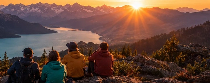 Du khách ngắm nắng chiều trên những dãy núi và hồ xanh